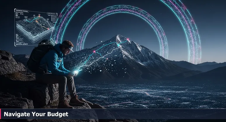 A hiker on Mount Timpanogos trail looking down at a map and water bottle, with Silicon Slopes visible in the valley, symbolizing the financial planning needed to afford Orem, UT in 2026.
