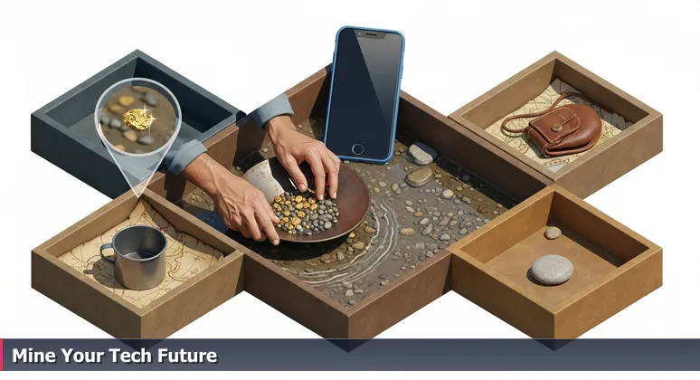 Weathered hands panning for gold in a stream with a discarded smartphone reflecting the sky, symbolizing overlooked free tech opportunities in Orem.