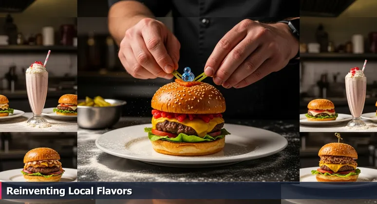 A close-up of a chef's hands in a diner, creatively plating a burger with high-tech garnishes, symbolizing AI innovation transforming Orem's local industries for screen readers.