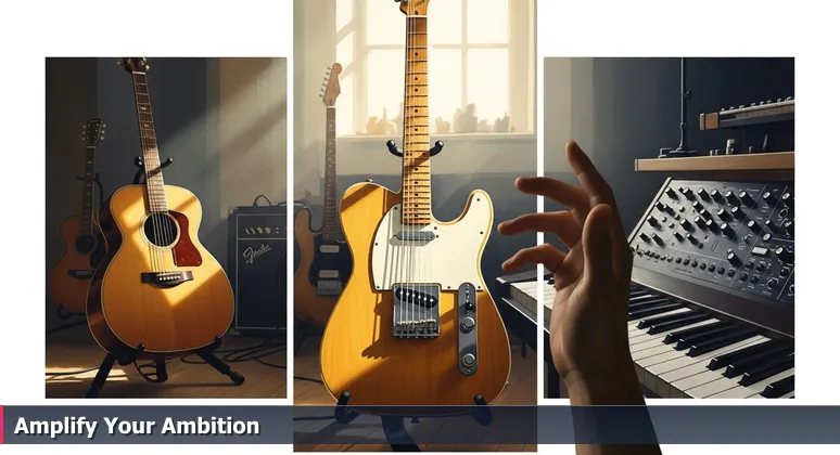 A hand hovering over guitars and a synthesizer in a sunlit studio, representing the choice of coworking spaces for tech careers in Orem, UT.