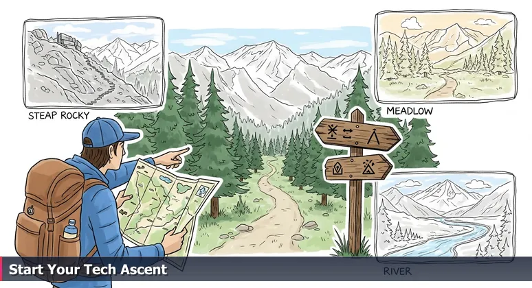 A hiker at a trail fork in the Wasatch Mountains, holding a map and pointing down a path, symbolizing startup choices for junior developers in Orem, UT.