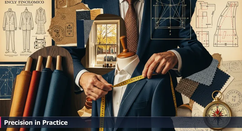 A tailor's hands measuring a suit jacket on a mannequin, with fabric bolts and a window view of Greenville, NC, symbolizing bespoke AI career crafting.