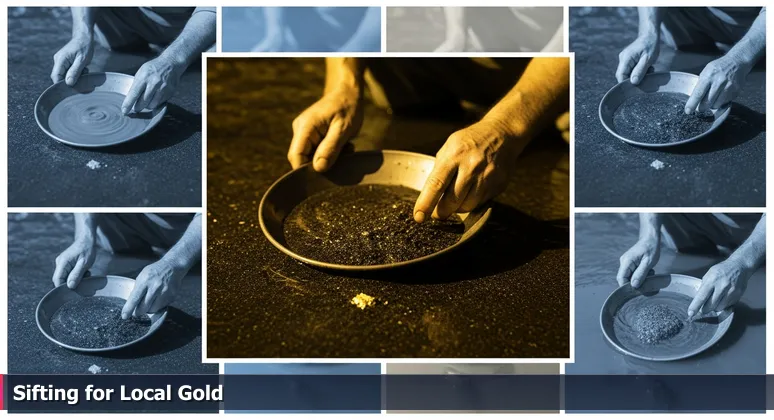 Weathered hands panning for gold in an Eastern North Carolina creek, with a fleck of gold visible, symbolizing the discovery of AI startups in Greenville.