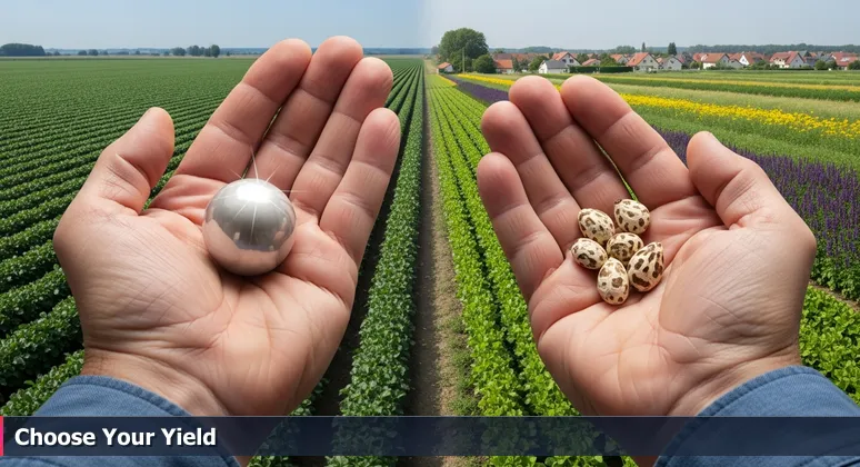 A farmer's hands holding two seeds against fields, symbolizing tech career choices between high-yield remote work and rooted local employment in Greenville, NC.