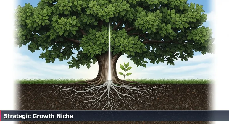 A visual metaphor of a young sapling thriving in the shade of a large oak tree, symbolizing Greenville, NC's strategic tech growth alongside the Research Triangle.