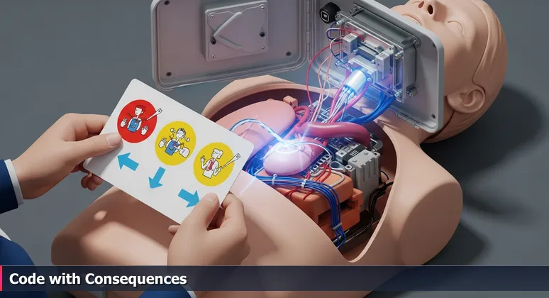 Hands holding a cartoon CPR instruction card next to a medical training dummy with sensors, symbolizing the transition from basic tutorials to advanced AI engineering in Greenville's healthcare sector.