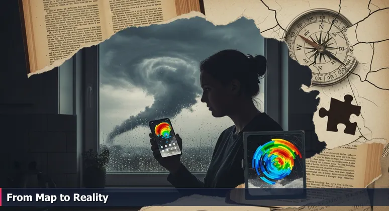 A professional in Greenville, NC, at a kitchen window comparing a smartphone weather app to storm clouds outside, symbolizing local AI salary insights versus national data.