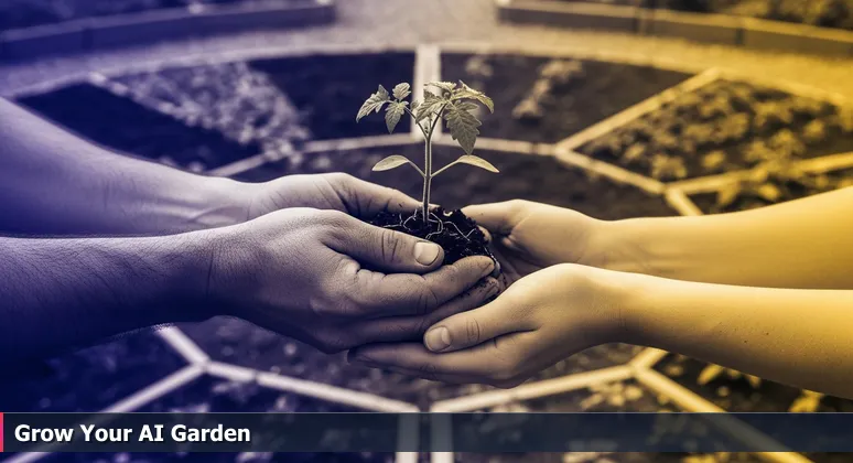 Close-up of two pairs of hands exchanging a tomato seedling in a community garden, symbolizing AI knowledge sharing and collaboration in Greenville, NC's tech community.