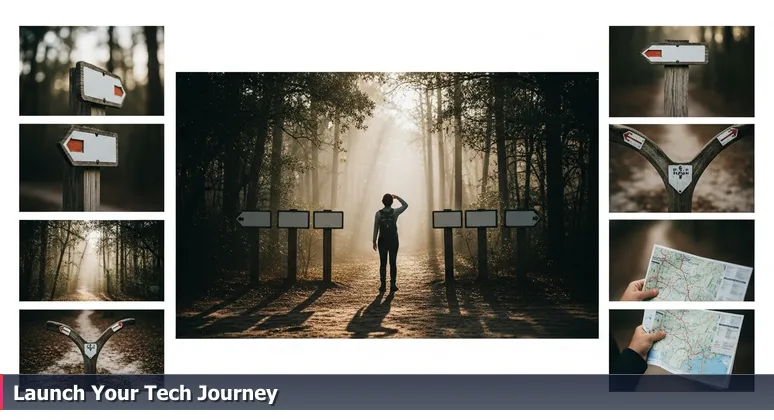 A hiker at a forest trailhead in Greenville, NC, facing unmarked paths that symbolize choosing a tech apprenticeship or job.