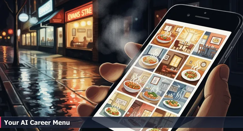 A smartphone screen at night in Greenville, NC, showing restaurant ratings with blurred background of Evans Street local eateries, symbolizing career choices.