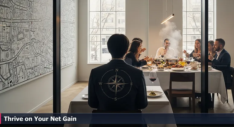 A tech professional in a blazer at a fancy restaurant gazes longingly at a lively shared meal, symbolizing the choice between high-cost metros and affordable Greenville for tech careers.