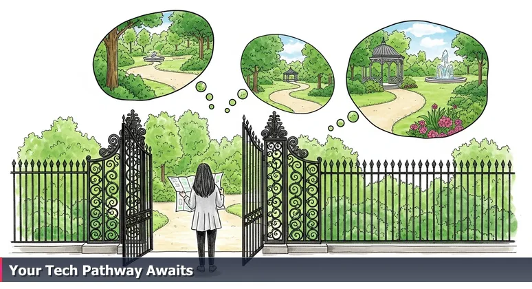 A person standing at an open park gate with a folded map, symbolizing accessible tech training opportunities in Greenville, NC's libraries and community centers.