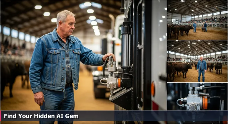 A farmer at a livestock auction in Eastern North Carolina closely inspects the retrofitted hydraulic system on a used feed truck, symbolizing hidden AI career opportunities in Greenville's traditional industries.