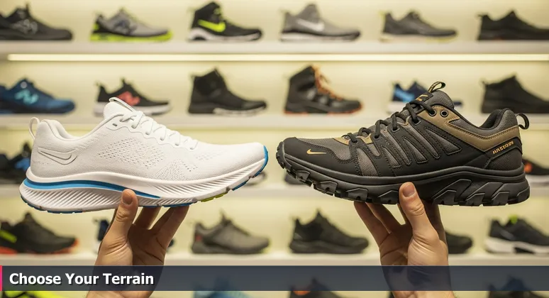 Close-up of hands in a shoe store holding a sleek running shoe and a rugged hiking boot, symbolizing the choice of specialized coworking spaces.
