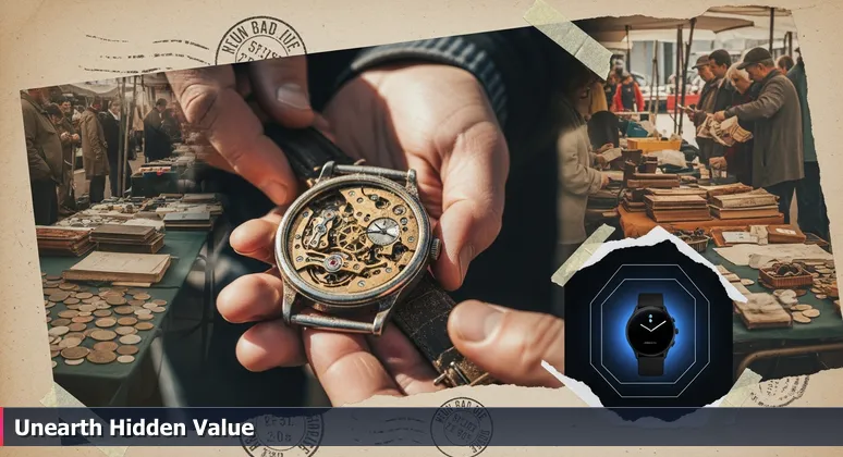 A person's hands holding an intricate mechanical watch at a Greenville flea market, symbolizing the hidden value of skills in tech careers without degrees.