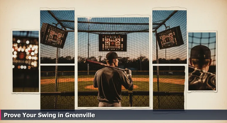 A minor league baseball player in a batting cage facing a high-tech pitching machine, symbolizing junior developers preparing for tech careers in Greenville, North Carolina's startup scene.