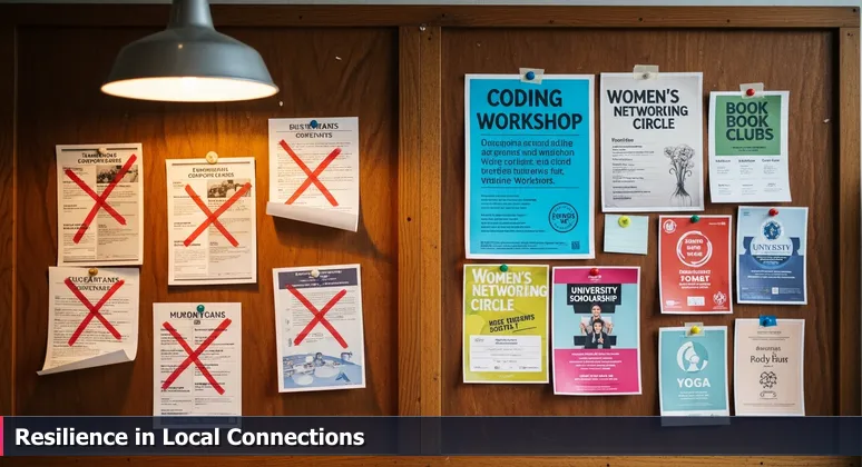 A community bulletin board in a Greenville, NC coffee shop showing faded national tech event flyers next to vibrant local handwritten notices for women in tech workshops and resources in 2026.