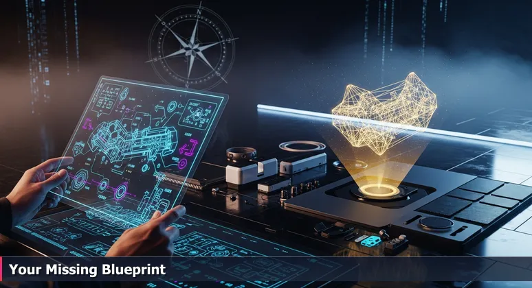 Hands holding a cryptic furniture assembly diagram with wood panels and tools on the floor, symbolizing the puzzle of starting an AI career in Huntsville