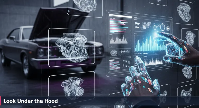 Close-up of mechanic's grease-stained hands pointing to a detailed car engine spec sheet on a garage wall, with a classic car visible in the blurry background.