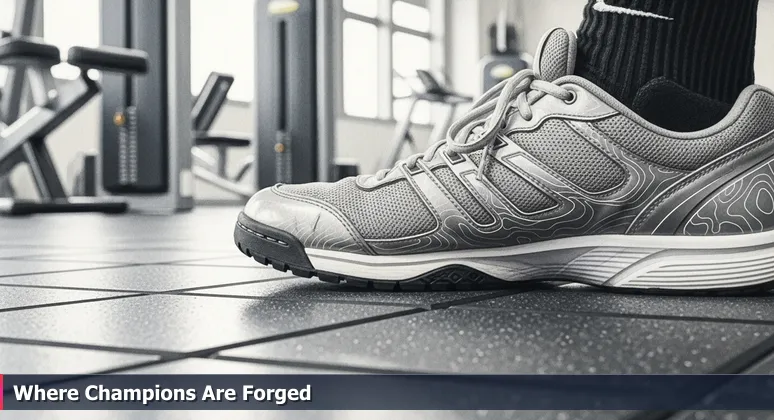 A close-up of a worn athletic training shoe on a pristine gym floor, symbolizing Huntsville as a training ground for tech professionals.