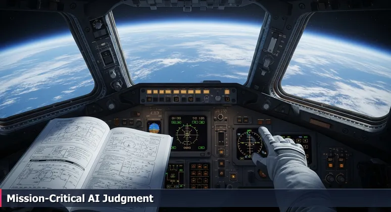 Astronaut's gloved hand in a spacecraft cockpit, choosing between a protocol button and a judgment call button with Earth visible in the background.