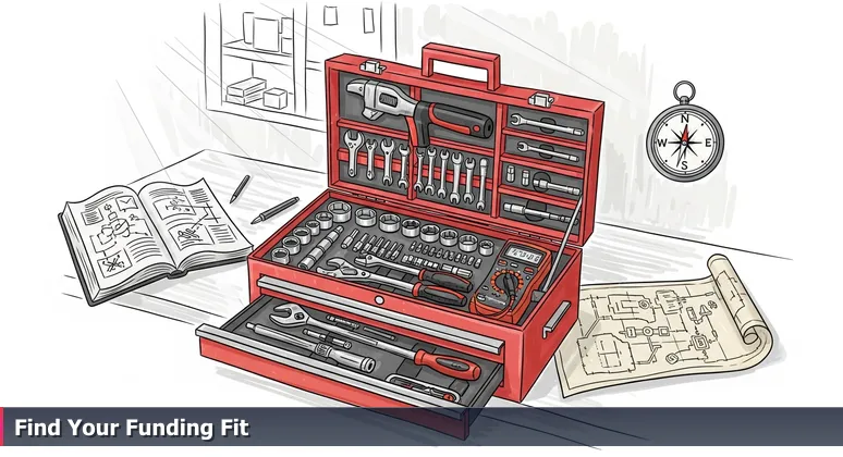 An open red mechanic's toolbox with organized compartments holding tools like a torque wrench and multimeter, symbolizing funding options for tech training in Huntsville's tech sector.