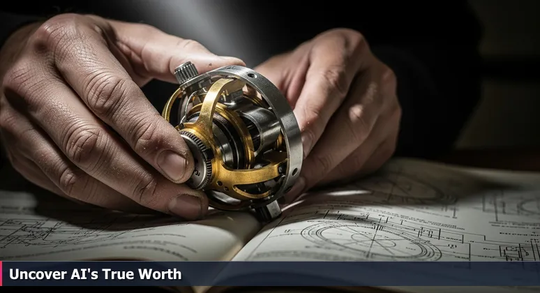 Close-up of skilled hands appraising a vintage aerospace gyroscope in a workshop, symbolizing the search for hidden value in AI compensation.
