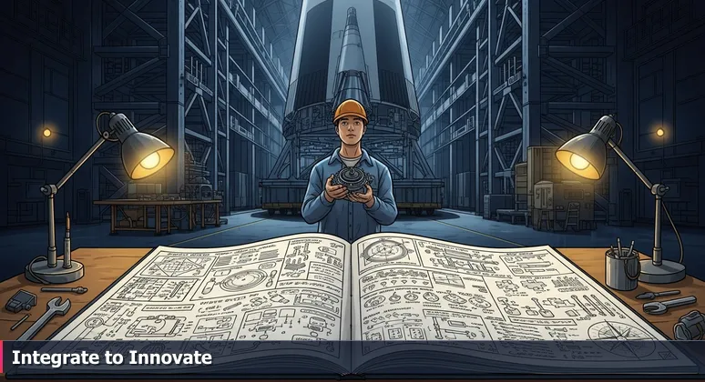 An AI professional standing beneath the Saturn V rocket at the U.S. Space & Rocket Center, symbolizing community integration in Huntsville's tech ecosystem.