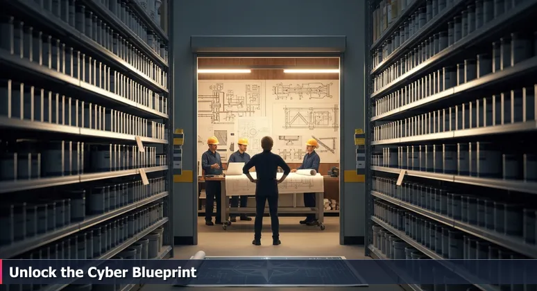 A person overwhelmed by white paint choices in a hardware store, with cybersecurity blueprints visible through a 'Contractors Only' door.