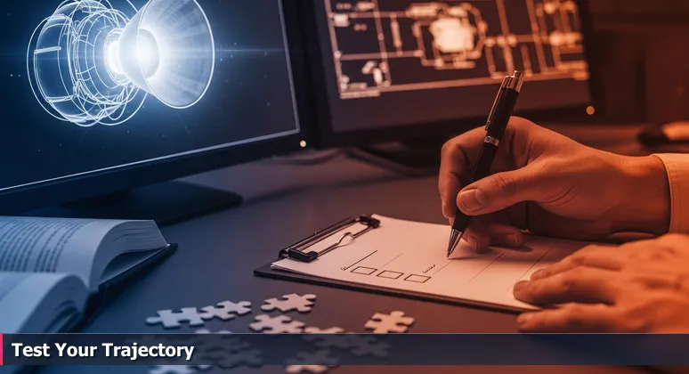 Close-up of aerospace engineer's hands in a Redstone Arsenal control room, hovering over a GO/NO GO checklist before a rocket test, symbolizing career affordability decisions.