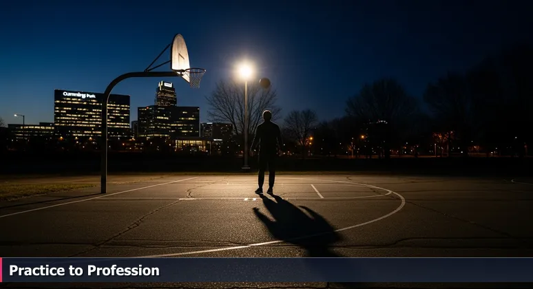 A solitary figure practices basketball on a public court at dusk, with Cummings Research Park's tech skyline glowing in the background in Huntsville, AL.