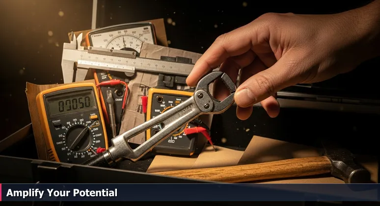 A hand carefully selecting a precision tool from a weathered toolbox, symbolizing AI career opportunities in Huntsville's diverse industries like aerospace and biotech.