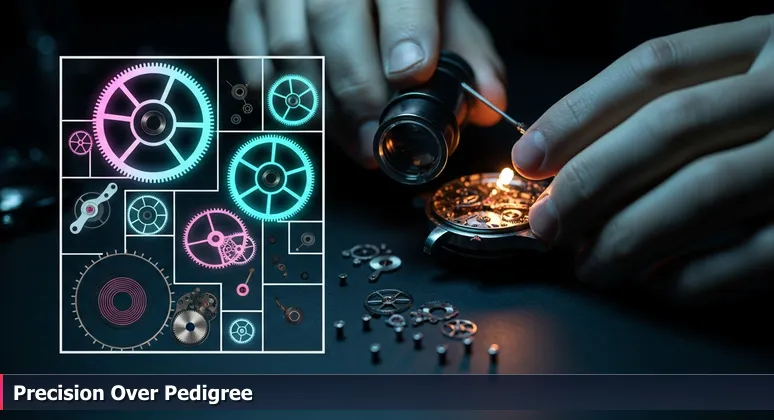Close-up image of skilled hands using a loupe to assemble intricate gears of a mechanical watch, symbolizing precision in Huntsville's tech careers.