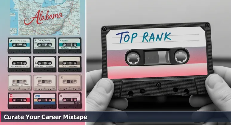 Close-up of hands holding a vintage cassette mixtape labeled 'SUMMER DRIVES', with a road map of Alabama visible in the background.