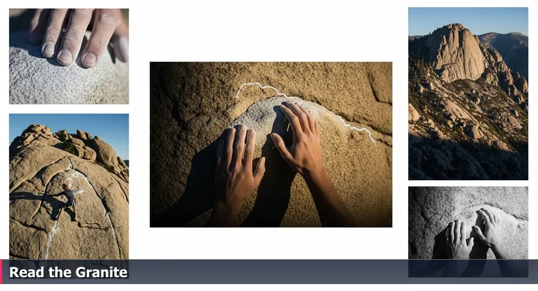 Chalk-dusted fingers trace a potential climbing route on a granite face in the Palomar Mountains, symbolizing the assessment of AI startups in Escondido's tech landscape.