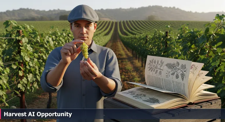 Winemaker inspecting a grape at sunrise in Escondido vineyard, symbolizing the careful cultivation of an AI career in 2026.