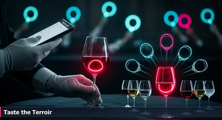 A sommelier's hands holding a wine glass and tasting notes in a dim auction room, symbolizing the careful evaluation of tech compensation packages in Escondido.