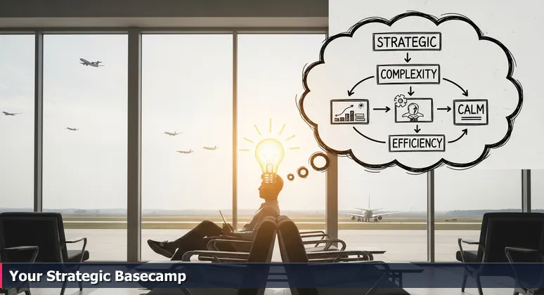 A tech professional working calmly on a laptop in a sunlit airport lounge, symbolizing Escondido as a strategic base for accessing San Diego's tech opportunities.