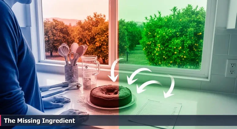 A frustrated person in a kitchen holds a deflated cake, with an Escondido citrus grove visible through the window.