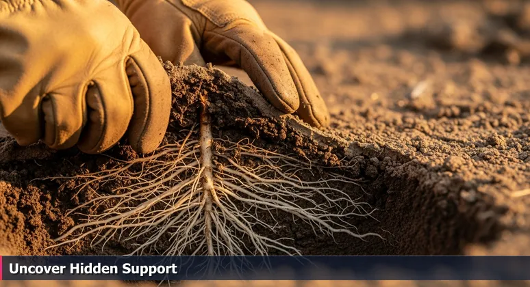 Hands in gardening gloves revealing moist roots beneath dry Escondido soil, symbolizing hidden funding for tech education in San Diego County.