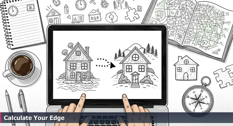 A hand comparing real estate listings for Carlsbad and Escondido on a laptop, with notes on commute and schools, symbolizing AI salary decisions.