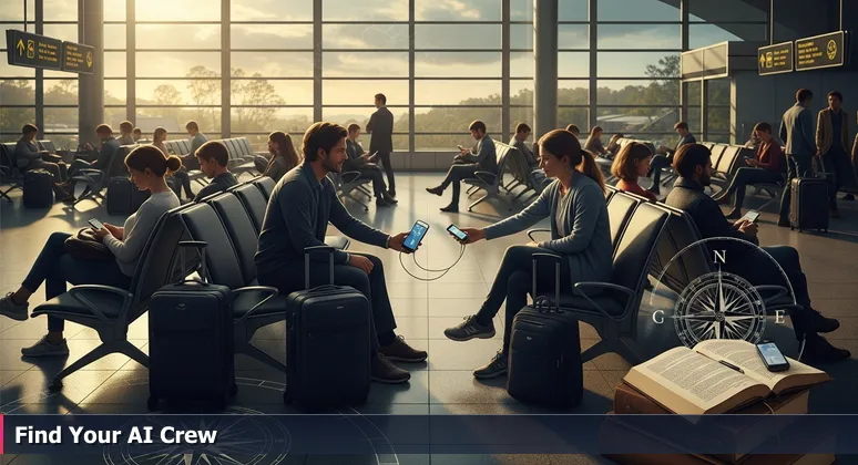 A dawn airport scene with isolated travelers, two AI professionals connecting over a power outlet, symbolizing networking opportunities in Escondido's tech community.