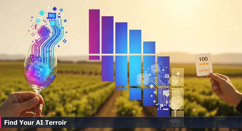 A hand holds a wine glass with shimmering data streams against a sunlit vineyard in Escondido, symbolizing the personal pairing of AI careers with company missions.