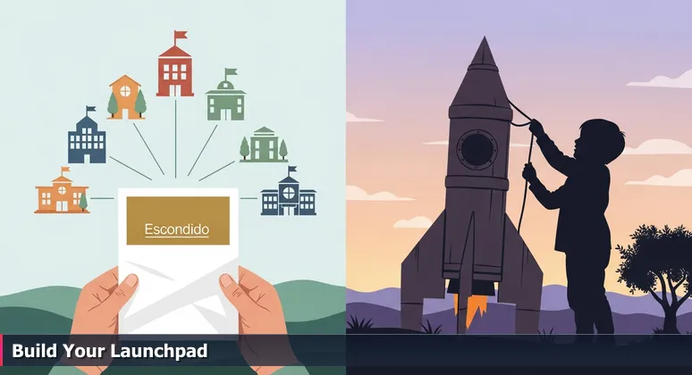 Close-up of hands holding a 'Top 10 Elementary Schools' list in an Escondido backyard, with a child building a cardboard rocket in the background.