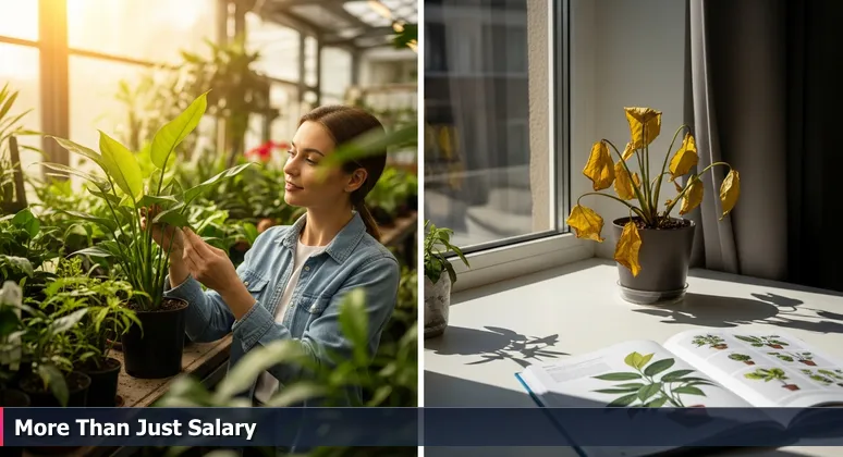 Split-image metaphor: left side shows a person happily choosing a healthy plant in a sunny nursery; right side shows the same plant wilted on a windowsill, representing tech salary affordability in Escondido, CA.