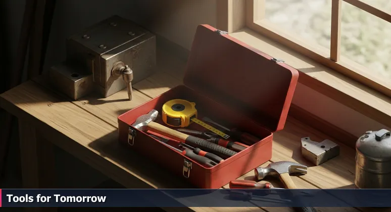 An open rusty red toolbox on a wooden workbench in a garage, with assorted tools inside and light coming through a dusty window, symbolizing accessible tech training resources.