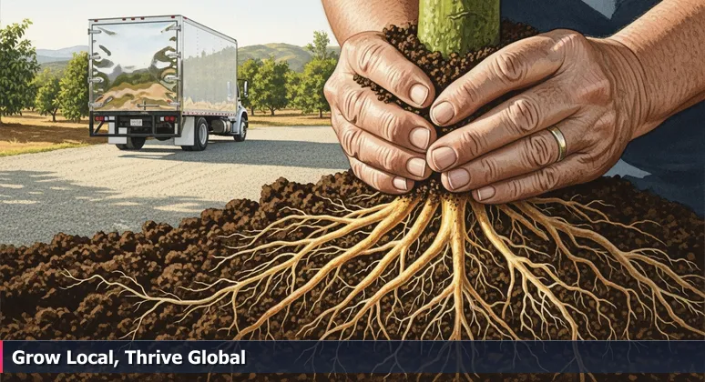 Close-up of hands in soil uncovering avocado tree roots in Escondido, with fruit trees and an empty delivery truck in the background, illustrating local AI career abundance.