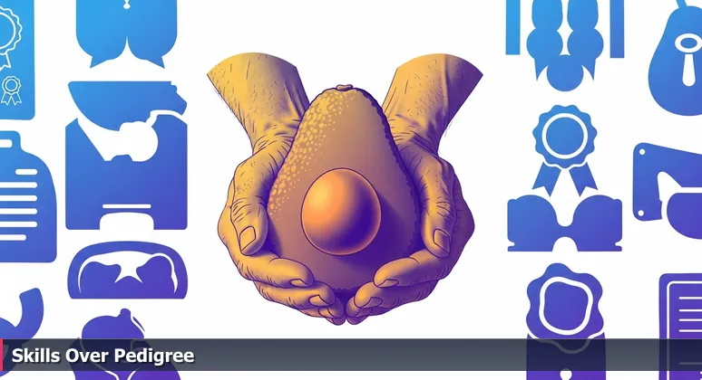 Farmer's weathered hands holding a ripe avocado at a North County farm stand, with crates in the background labeled with tech certifications like AWS Certified and CompTIA A+.