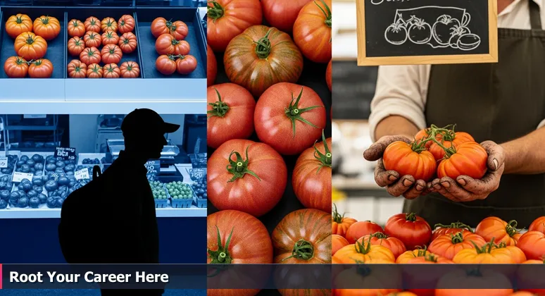 A person at an Escondido farmer's market choosing between two tomato stalls, symbolizing startup career choices for junior developers in 2026.