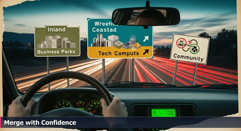 Driver's perspective at the I-15/CA-78 interchange in Escondido with dashboard GPS and highway signs pointing to tech campuses, business parks, and local connections.